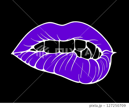 Linear drawing of lips with colored flowing lipstick . Dripping lipstick in comic book style. 127250709