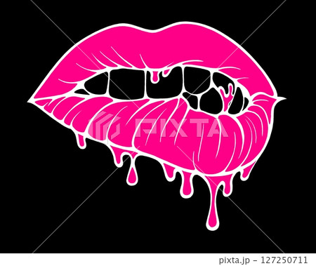Linear drawing of lips with colored flowing lipstick . Dripping lipstick in comic book style. 127250711