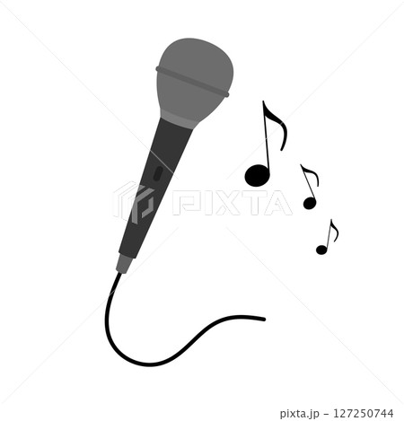 Microphone with Music Notes Vector Illustration. A dark colored wired microphone and three black musical notes of varying sizes. 127250744
