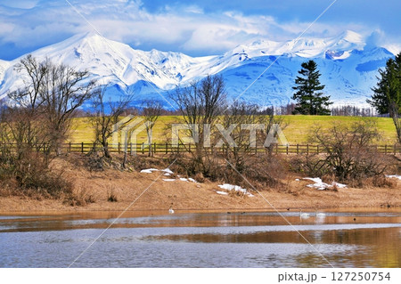 北海道美瑛町 水沢ダムと十勝岳連峰の絶景 127250754