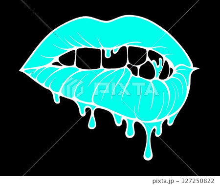 Linear drawing of lips with colored flowing lipstick . Dripping lipstick in comic book style. Linear drawing of lips with colored flowing lipstick . Dripping lipstick in comic book style. 127250822