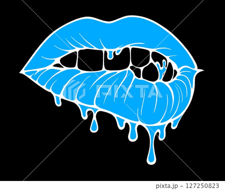 Linear drawing of lips with colored flowing lipstick . Dripping lipstick in comic book style. Linear drawing of lips with colored flowing lipstick . Dripping lipstick in comic book style. 127250823