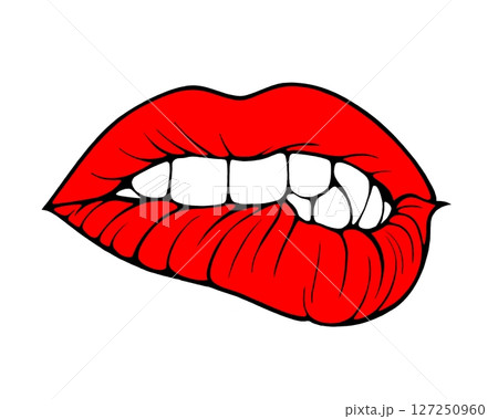 Linear drawing of lips with colored flowing lipstick in tattoo style and comic book style. 127250960