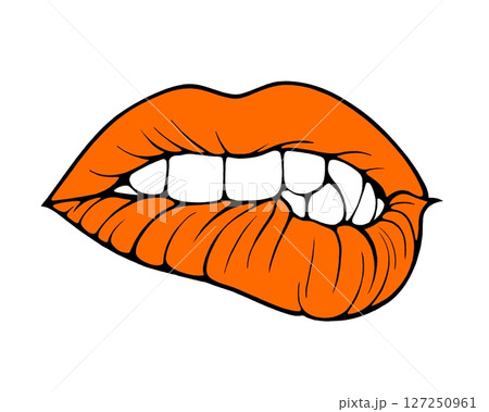 Linear drawing of lips with colored flowing lipstick in tattoo style and comic book style. Linear drawing of lips with colored flowing lipstick in tattoo style and comic book style. 127250961