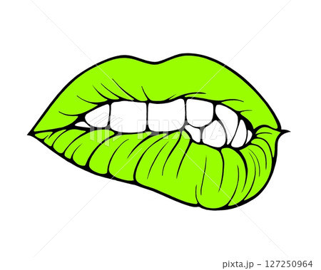 Linear drawing of lips with colored flowing lipstick in tattoo style and comic book style. Linear drawing of lips with colored flowing lipstick in tattoo style and comic book style. 127250964