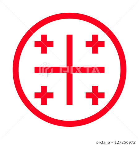 Round stamp with Georgian national flag colors and five-cross symbol, known as the Jerusalem cross. Perfect for logos, identity, culture, travel and traditional design themes Round stamp with Georgian national flag colors and five-cross symbol, known as the Jerusalem cross. Perfect for logos, identity, culture, travel and traditional design themes 127250972