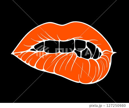 Linear drawing of lips with colored flowing lipstick in tattoo style and comic book style. 127250980