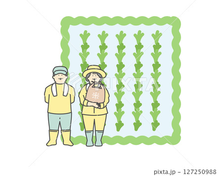 田んぼと高齢農家のイラスト 127250988