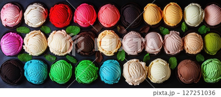 flavors scoops background. Top view. Assorted of ice cream scoops. Colorful set of ice creams. Different flavours with mint. Gelato backdrop. Multicolored scooped sorbets. Various flavours and colors 127251036