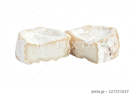 Fresh camembert cheese with sliced camembert isolated. Top view of camembert cheese piece on white background. Brie cheeses. Dairy products. Set of big round french cheeses with white mold. 127251037