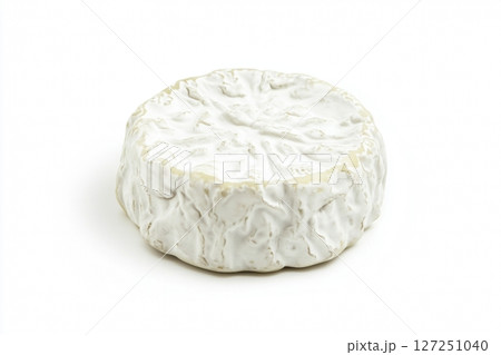 Fresh one whole camembert cheese isolated on a white backdrop. Top view of camembert cheese piece on white background. Brie cheeses. Dairy products. Set of big round french cheeses with white mold. 127251040