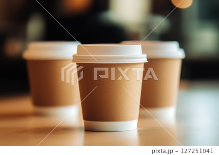 Front view of a Brown coffee paper cups. Mockup with lid. Set of craft paper cups for hot tea on cafe blurred background. Zero waste, plastic free. Disposable Recycled cups. Coffee to go. Street food. 127251041
