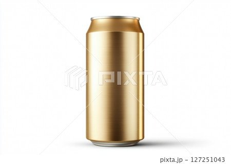 Gold aluminum can of soda isolated on a white background. Front view. Recycle metal can mock-up, template. Beer, carbonated water, energy drinks can. Recycling. Closeup view. One golden beverage can 127251043