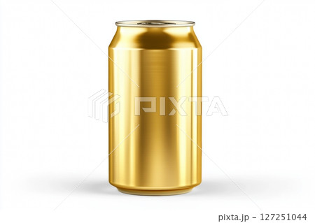 Gold aluminum can of soda isolated on a white background. Front view. Recycle metal can mock-up, template. Beer, carbonated water, energy drinks can. Recycling. Closeup view. One golden beverage can 127251044