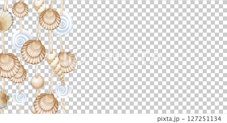 A horizontal frame with hand-drawn shell pendants. Watercolor illustration isolated on a white background. Home decor made of various seashells and jute cord. Marine theme. Empty space for insertion. A horizontal frame with hand-drawn shell pendants. Watercolor illustration isolated on a white background. Home decor made of various seashells and jute cord. Marine theme. Empty space for insertion. 127251134