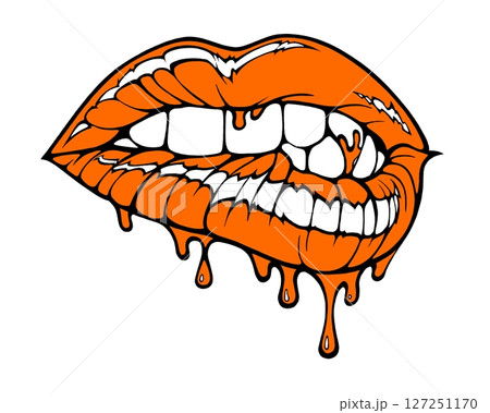 Linear drawing of lips with colored flowing lipstick . Dripping lipstick in comic book style. 127251170