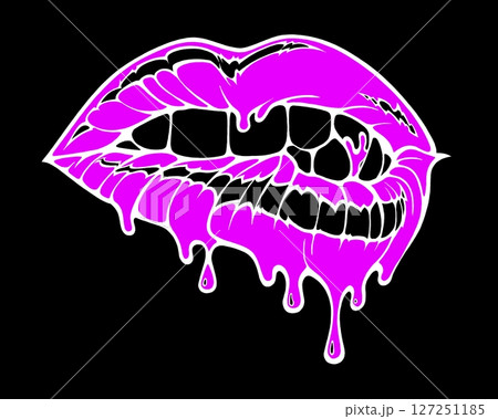 Linear drawing of lips with colored flowing lipstick . Dripping lipstick in comic book style. 127251185