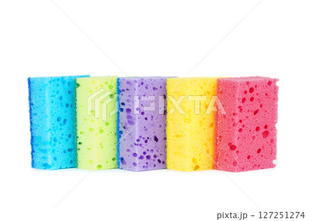Multicolored sponges for cleaning, isolated on white background. Sponges for dishwashing 127251274