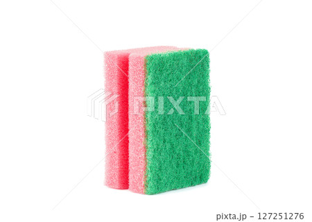Multicolored sponges for cleaning, isolated on white background. Sponges for dishwashing 127251276