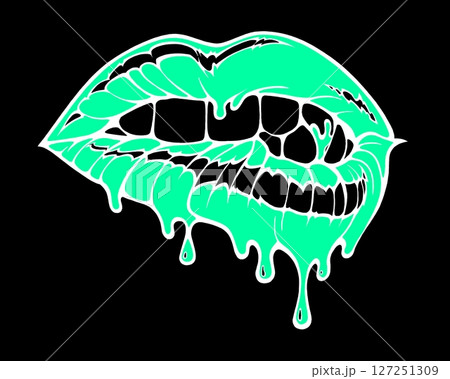 Linear drawing of lips with colored flowing lipstick . Dripping lipstick in comic book style. Linear drawing of lips with colored flowing lipstick . Dripping lipstick in comic book style. 127251309