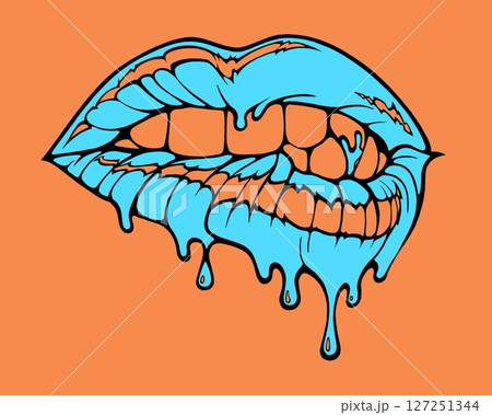 Linear drawing of lips with colored flowing lipstick . Dripping lipstick in comic book style. Linear drawing of lips with colored flowing lipstick . Dripping lipstick in comic book style. 127251344