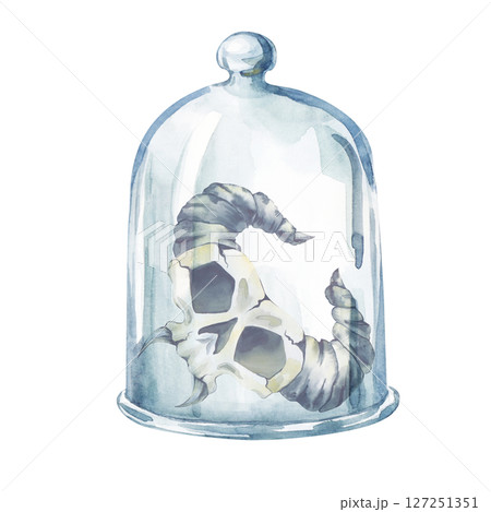 Watercolor illustration with a fantasy skull under a glass hood on a white background. A glass hood covers a horned skull. A template for Halloween. Watercolor illustration with a fantasy skull under a glass hood on a white background. A glass hood covers a horned skull. A template for Halloween. 127251351