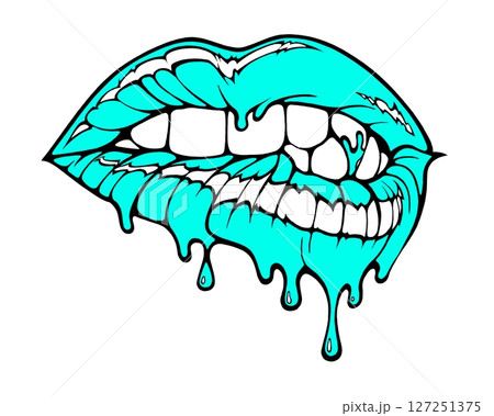Linear drawing of lips with colored flowing lipstick . Dripping lipstick in comic book style. Linear drawing of lips with colored flowing lipstick . Dripping lipstick in comic book style. 127251375