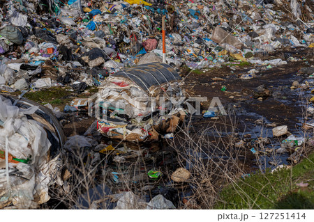 Piles of plastic and garbage fill a landfill area, showcasing the ongoing struggle with pollution and environmental impact on ecology 127251414