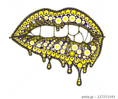 A drawing of lips with colored lipstick made of dots. Mandala-style dripping lipstick. A drawing of lips with colored lipstick made of dots. Mandala-style dripping lipstick. 127251543