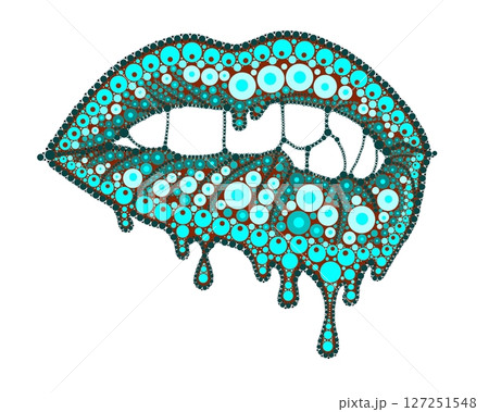 A drawing of lips with colored lipstick made of dots. Mandala-style dripping lipstick. A drawing of lips with colored lipstick made of dots. Mandala-style dripping lipstick. 127251548