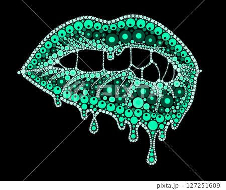 A drawing of lips with colored lipstick made of dots. Mandala-style dripping lipstick. A drawing of lips with colored lipstick made of dots. Mandala-style dripping lipstick. 127251609