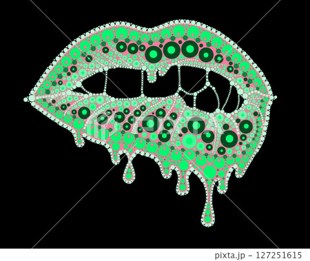 A drawing of lips with colored lipstick made of dots. Mandala-style dripping lipstick. 127251615