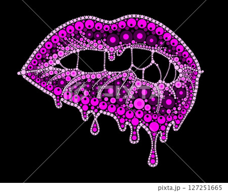 A drawing of lips with colored lipstick made of dots. Mandala-style dripping lipstick. A drawing of lips with colored lipstick made of dots. Mandala-style dripping lipstick. 127251665