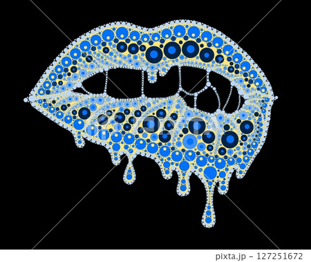 A drawing of lips with colored lipstick made of dots. Mandala-style dripping lipstick. A drawing of lips with colored lipstick made of dots. Mandala-style dripping lipstick. 127251672
