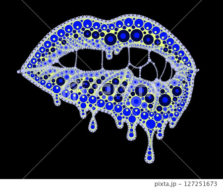 A drawing of lips with colored lipstick made of dots. Mandala-style dripping lipstick. 127251673
