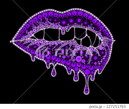 A drawing of lips with colored lipstick made of dots. Mandala-style dripping lipstick. 127251763