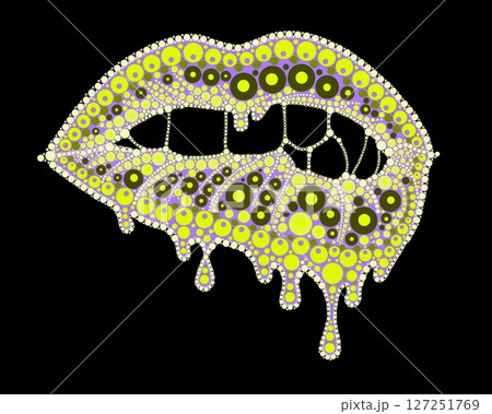 A drawing of lips with colored lipstick made of dots. Mandala-style dripping lipstick. 127251769