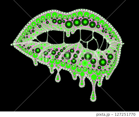 A drawing of lips with colored lipstick made of dots. Mandala-style dripping lipstick. 127251770