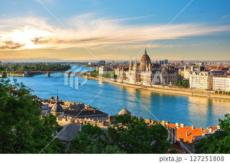 Aerial view of the Hungarian Parliament Building on the Danube River with Margaret Bridge, Budapest, Hungary Aerial view of the Hungarian Parliament Building on the Danube River with Margaret Bridge, Budapest, Hungary 127251808
