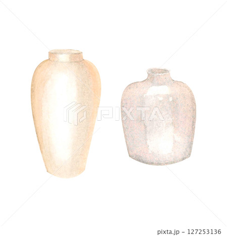 Handmade watercolor illustration of transparent vases.Minimalistic white glass vases 127253136