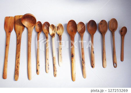 wooden kitchen collection stacked view closeup wooden kitchen collection stacked view closeup 127253269