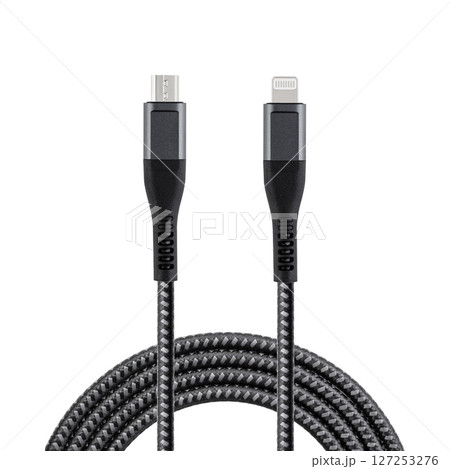 Black cable for charging and synchronization with Lightning and Micro USB connectors on a white isolated background Black cable for charging and synchronization with Lightning and Micro USB connectors on a white isolated background 127253276