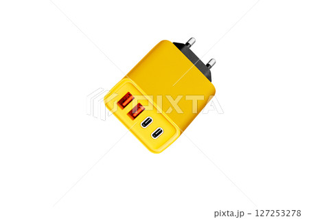 adapter for charger with USB and Type C connector, yellow, on isolated or white background 127253278