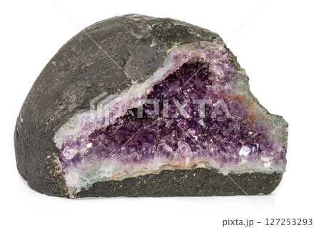 Amethyst Crystal Druse macro mineral on white background Amethyst Crystal Druse macro mineral on white background 127253293
