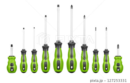 Set of Philips and flathead screwdrivers Green color on isolated white background 127253331