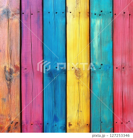 Vibrant wooden planks display a mix of gentle colors such as pink, blue, and yellow, providing an inviting backdrop for creative activities and events. 127253346
