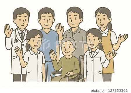 医療福祉スタッフと利用者の笑顔あふれる集合 127253361