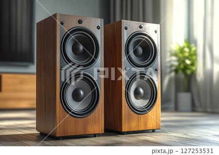 Two acoustic speakers with a subwoofer and a speaker stand on the floor in the living room. Generated by artificial intelligence 127253531