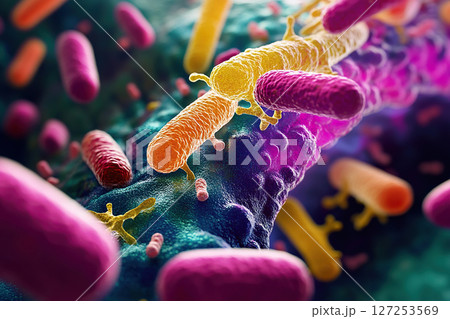 Rod-shaped bacteria inside the body. Pathogenic microbes attack human intestines 127253569