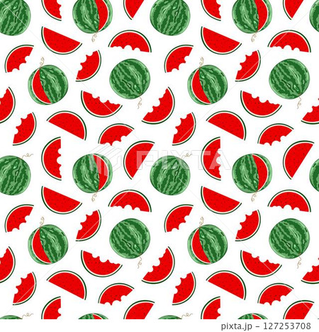 Watermelon whole and slices seamless pattern, sweet ripe fruit, red flesh with seeds, green rind, organic diet ingredient for dessert, healthy vegan food image for summer projects, gift paper, textile Watermelon whole and slices seamless pattern, sweet ripe fruit, red flesh with seeds, green rind, organic diet ingredient for dessert, healthy vegan food image for summer projects, gift paper, textile 127253708